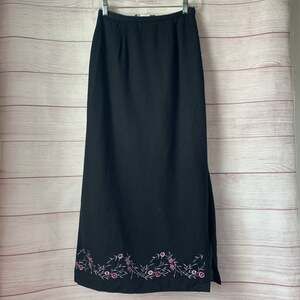Vintage Savannah Black Embroidered Wool Maxi Skirt Pink Green Floral Size 6